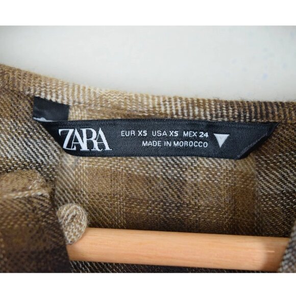 ZARA WOOL BROWN PLAID LONG SLEEVE 1/2 BUTTON UP TOP - Picture 7 of 8